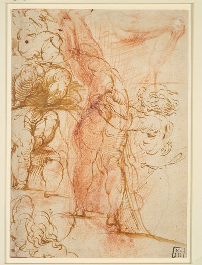 Mehrere Beinstudien von Putten, einwärts laufender Männerakt, Beinstudie und stehende Figur autorstwa Parmigianino