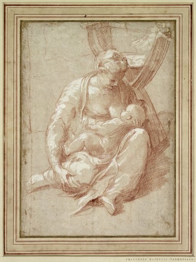Dziewica siedząca na ziemi, karmiąca dziecko autorstwa Parmigianino