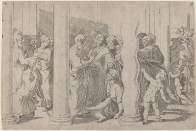 Święci Piotr i Jan uzdrawiają chromego przy Złotej Bramie autorstwa Parmigianino after Raphael