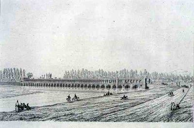 Allah Verdi Khan Bridge, w Isfahanie, z perskiej „Podróży Pittoresque”, ryty przez Claude