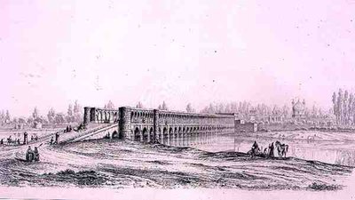Allah Verdi Khan Bridge, w Isfahanie, z „Podróży Pittoresque” perskiej, ryty przez Claude