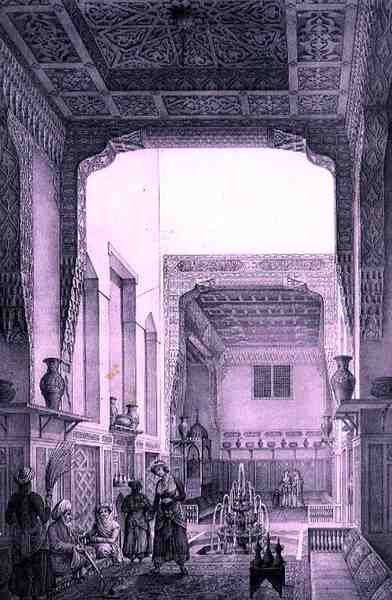 Wewnętrzny dziedziniec Ouatier-Hauch Kadan, z „Podróży Pittoresque” Persji, rytowany przez Emile Edmond Ollivier (1800-64) wydany przez Letronne, Paryż autorstwa Pascal Xavier (after) Coste