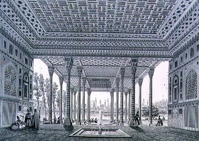 Widok wnętrza pawilonu luster, Isfahan, tablica 35 z „Współczesne zabytki Persji”, rytowana przez Claude