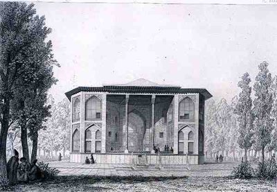 Pawilon Ośmiu Rajów, w Isfahanie, z „Podróży Pittoresque” Persji, ryty przez Julesa Penela (ur. 1833) i Josepha Duronda (ur. 1816) wydanego przez Lemercier, Paryż autorstwa Pascal Xavier (after) Coste