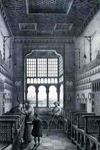 Zobacz wnętrze salonu fryzjerskiego w Dzielnicy Francuskiej w pobliżu Quantarat El Gedydeh, z „Podróży Pittoresque” w Persji, grawerowanej przez Emile Edmond Ollivier (1800-64) wydanej przez Letronne, Paryż (rycina) autorstwa Pascal Xavier (after) Coste