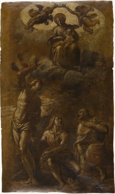 Dziewica z Dzieciątkiem w chwale ze świętymi Sebastianem, Janem Ewangelistą i Rochem, ok. 1610 (olej z grafitem (lakierowany) na kremowym papierze) autorstwa Pasquale Ottino