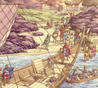 Najazd wikingów (gwasz na papierze) autorstwa Pat (1907-95) Nicolle