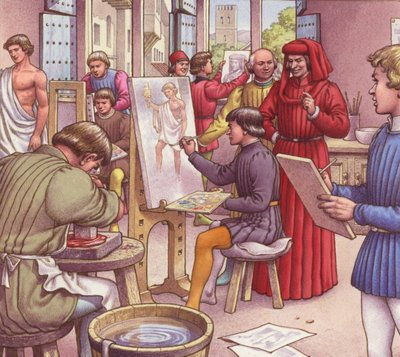 Lorenzo de Medici odwiedza szkołę dla artystów (gwasz na papierze) autorstwa Pat (1907 95) Nicolle