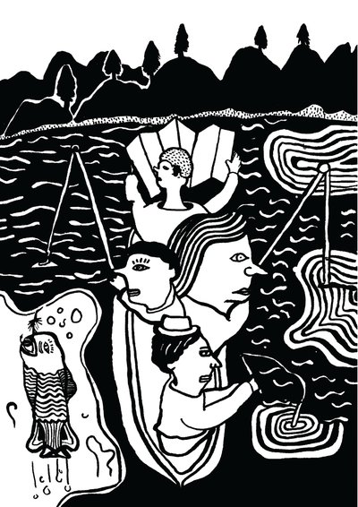Łowienie ryby, 2014 (tusz i pędzel) autorstwa Pat Macdonald
