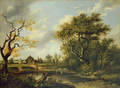 Koń pijący w stawie (olej na panelu) autorstwa Patrick Nasmyth
