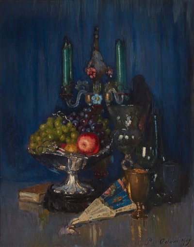 Martwa natura owoców i przedmiotów na blacie stołu (olej na płótnie) autorstwa Patrick William Adam