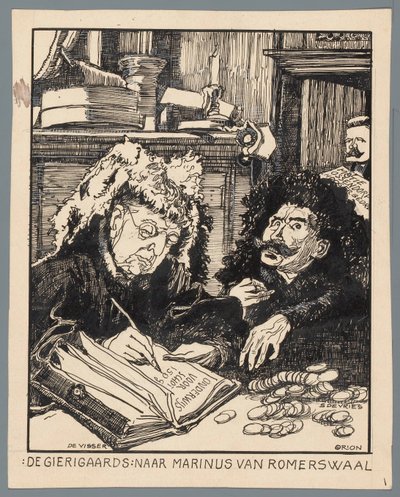 Ministrowie De Visser i Simon de Vries jako poborcy podatkowi Skąpcy: wg Marinus van Romerwaal (tytuł na obiekcie) autorstwa Patricq Kroon (signed by artist)