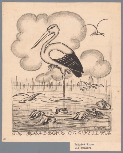 Bocian wśród żab Konferencja Haska / De Kwakers (tytuł obiektu) autorstwa Patricq Kroon (signed by artist)