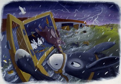 Zwierzęta i Arka Noego podczas potopu, ilustracja Patrizia La Porta. autorstwa Patrizia La Porta