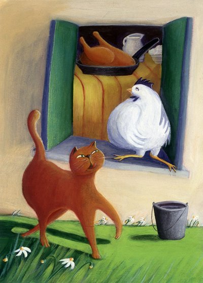 Kot i kurczak na podwórku farmy - ilustracja autorstwa Patrizia La Porta autorstwa Patrizia La Porta
