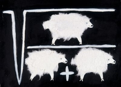 Klonowanie: Symbol matematyczny reprezentujący operacje obliczania pierwiastka kwadratowego, dzielenia i dodawania z owcą używaną jako królik doświadczalny. Kolaż z białej bawełny na czarnym tle. autorstwa Patrizia La Porta