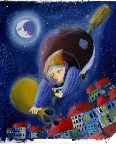 "Befana" na swojej miotle - ilustracja autorstwa Patrizia La Porta autorstwa Patrizia La Porta