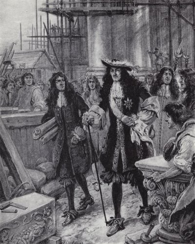 Król Karol II nadzorujący odbudowę katedry św. Pawła po wielkim pożarze Londynu autorstwa Paul (after) Hardy
