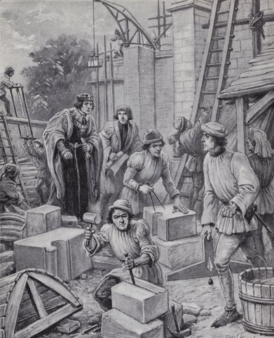 Król Henryk VI nadzorujący budynek Eton College, który założył w 1440 r. (lito) autorstwa Paul (after) Hardy