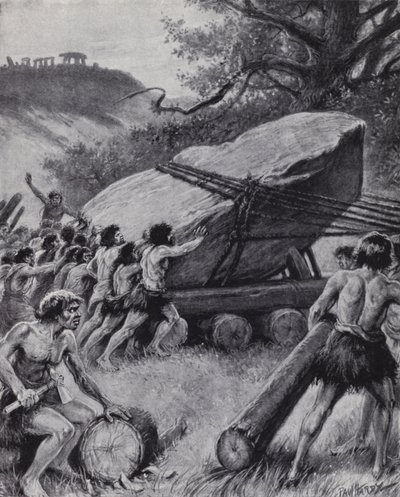 Paleolityczni mężczyźni poruszający gigantyczną płytę skalną na kołach (litos) autorstwa Paul (after) Hardy