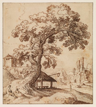 Pejzaż z ruinami i postaciami, ok. 1615 (czarna kreda, długopis i brązowy tusz na papierze wykładanym, z czarnymi liniami obramowania) autorstwa Paul (circle of) Brill or Bril