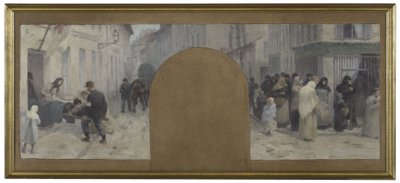 Szkic dla Hôtel de Ville de Paris, cabinet du préfet: Transport rannych do ambulansu. Kolejka przed sklepem podczas oblężenia Paryża w 1870 r. autorstwa Paul Albert Baudouin