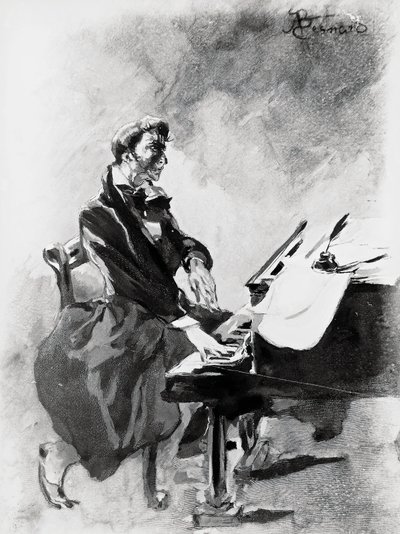 Kompozytor i pianista Fryderyk Chopin grający na fortepianie, Albert Besnard (1849-1934), akwarela autorstwa Paul Albert Besnard