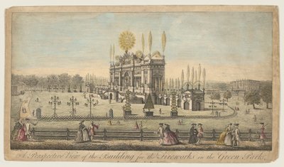 Widok perspektywiczny budynku dla fajerwerków w Green Park, Londyn, ca. 1749. autorstwa Paul Angier