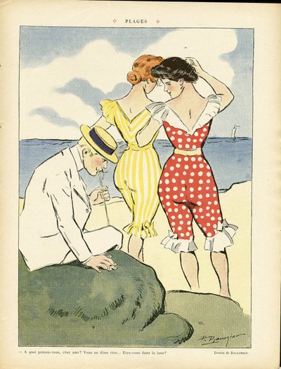 Ilustracja przedstawiająca Paula Balluriau (1860-1917) w Le Rire, 1.08.08 - Plaże - Wypoczynek, Miłość, Moda, Morskie wybrzeże morskie, Stroje kąpielowe autorstwa Paul Balluriau