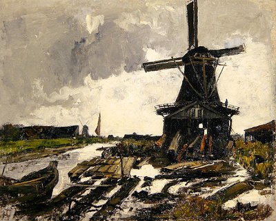 Holandia, Pejzaż kanałowy z wiatrakiem do drewna, ok. 1885 (olej na płótnie) autorstwa Paul Baum