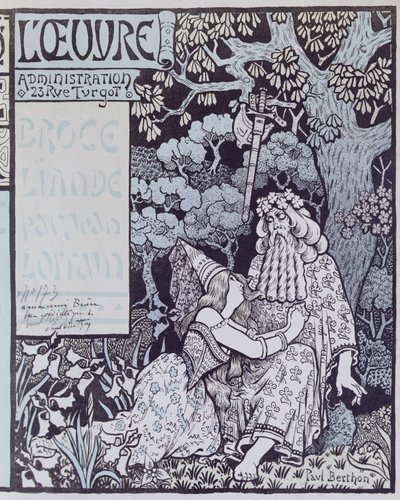 Czarodziej Merlin i wróżka Vivien w lesie Broceliande, ze sztuki Jeana Lorraina (1855-1906) „Broceliande”, ok. 1900 (drzewryt) autorstwa Paul Berthon