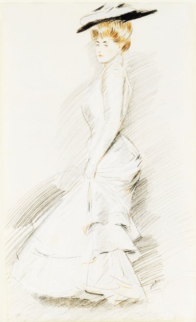 Elegancka dama w białej sukni, autorstwa Paul Cesar Helleu