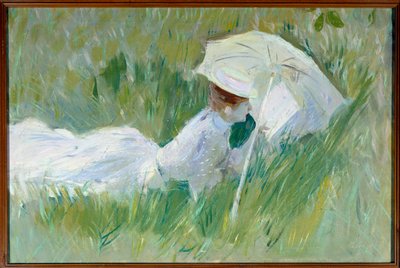Portret Madame Helleu, żony malarza, w trawie Obraz Paula Cesara Helleu (1859-1927) przed 1927, olej na płótnie, wym. 0,54x0,81 m Rouen, musee des Beaux Arts - Portret Madame Helleu, żony malarza, leżącej w trawie. Malowanie b autorstwa Paul Cesar Helleu
