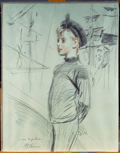 Portret chłopca w marynarskim kapeluszu i z golfem, ze statkami w tle autorstwa Paul Cesar Helleu