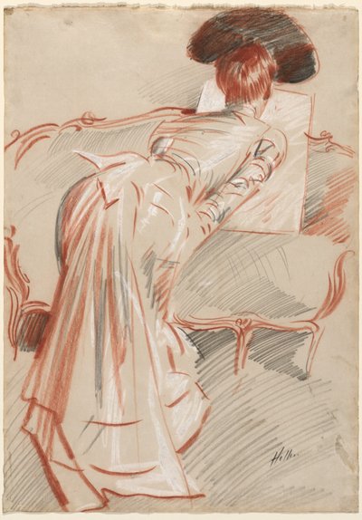 Kobieta (prawdopodobnie Madame Alice Hellu) patrząca na rysunek, ok. 1895 (czarna, czerwona i biała kreda) autorstwa Paul Cesar Helleu