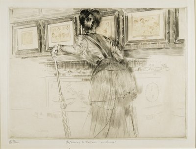 Kobieta patrząca na rysunki Watteau w Luwrze, ok. 1930 r. 1895 autorstwa Paul Cesar Helleu