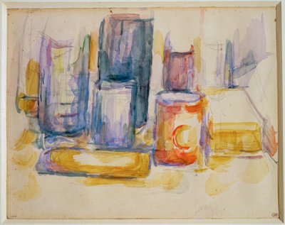 Stół kuchenny, garnki i butelki (obraz) autorstwa Paul Cézanne