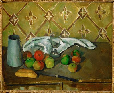 Owoce, serwetka i dzbanek mleka autorstwa Paul Cézanne