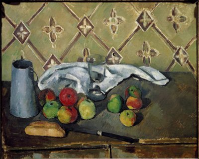 Pudełko z owocami, serwetką i mlekiem - Olej na płótnie autorstwa Paul Cézanne