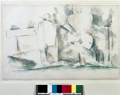 Dom przez drzewa. Obraz Paula Cezanne