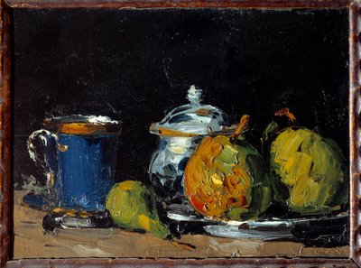 Cukiernica, niebieska filiżanka i gruszki Obraz Paula Cezanne