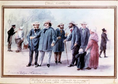 Francuski pisarz Honore de Balzac (1799-1850) i jego przyjaciele przebierają się za chłopów w mieście Avray w 1840 roku. Akwarela namalowana z pamięci przez Paula Chardina (1833-?) autorstwa Paul Chardin