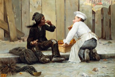 "Mały piekarz i mały kominiarz" Dwoje dzieci delektuje się ciastkami na chodniku. Kominiarz jest pokryty sadzą, podczas gdy piekarz jest ubrany w nieskazitelną biel. Obraz namalowany przez Paula Chocarne Moreau (Chocarne-Moreau) (1855). autorstwa Paul Charles Chocarne-Moreau