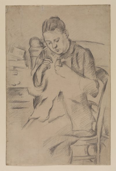Hortense Fiquet, Madame Cezanne, szycie, ok. 1880 (ołówek na papierze) autorstwa Paul Cézanne