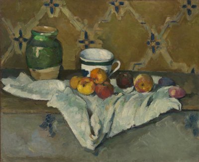 Martwa natura ze słoikiem, filiżanką i jabłkami, ca. 1877. autorstwa Paul Cézanne