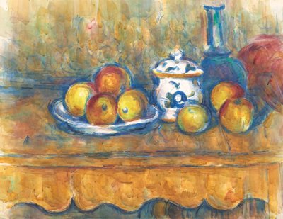 Martwa natura z niebieską butelką, cukiernicą i jabłkami, 1900-1902. autorstwa Paul Cézanne