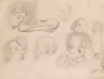 Studia głowy dziecka, głowy kobiety, łyżki i długiego zegara, ok. 1872 r. autorstwa Paul Cézanne