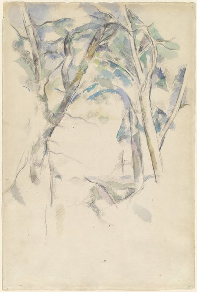 Drzewa pochylające się nad skałami autorstwa Paul Cézanne