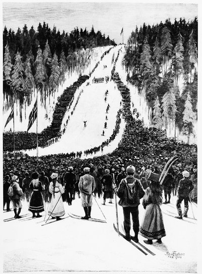Narciarstwo: Norweskie derby, wyścig narciarski - rysunek Paula Fishera, luty 1900, Bibl. des Art Deco. autorstwa Paul Fischer