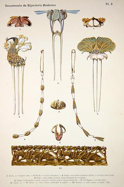 Projekty biżuterii, płyta 3 z „Documents de Bijouterie et Orfeverie modernes”, wyd. Henri Laurens, Paryż, ok. 1900 (barwione chromolitho) autorstwa Paul Follet